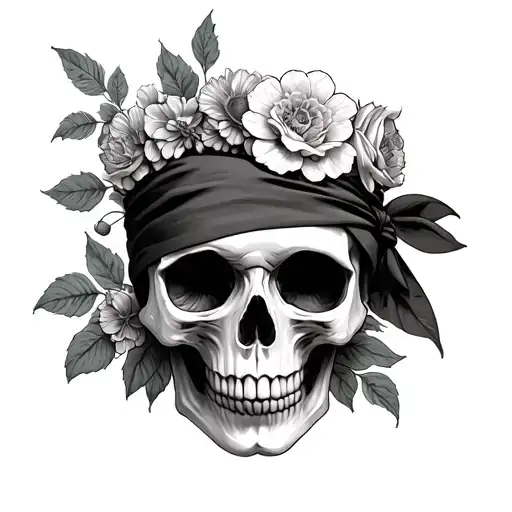 a skull with a bandana around the eyes, apple in mouth, and a crown of flowers + Edit: make skull more realistic (add lo tattoo design idea