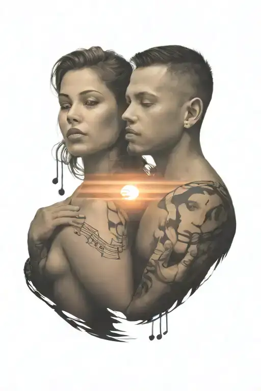 brother and sister playing sunset music notes floating in the air tattoo design idea