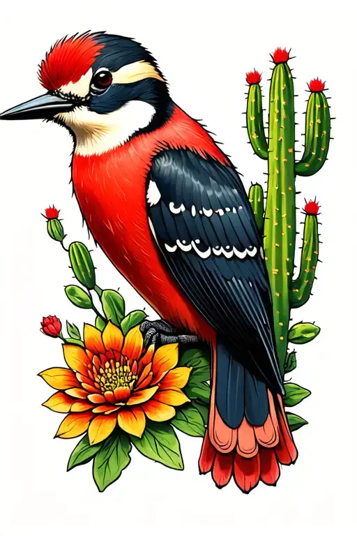 woodpecker, garden, cactus tattoo design idea