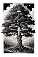 a tree with clouds in the background with the name, Kim and Jason in cursive and a cross tattoo design idea