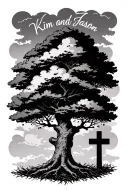 a tree with clouds in the background with the name, Kim and Jason in cursive and a cross tattoo design idea