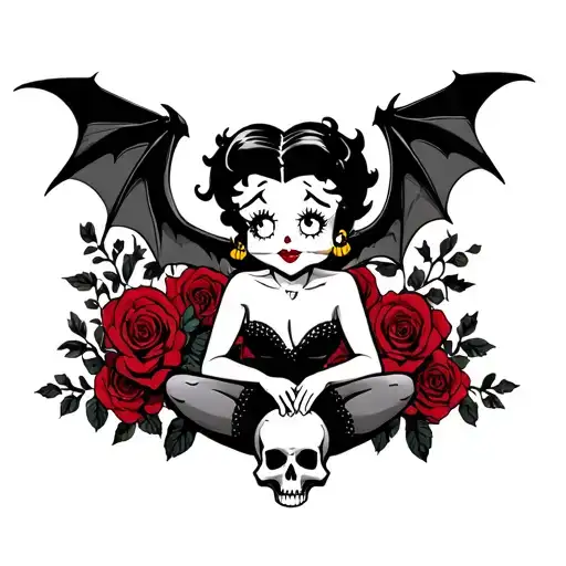 Betty boop with bat wings holding skull sitting to the side gothic themed background including dark red rose vine tattoo design idea
