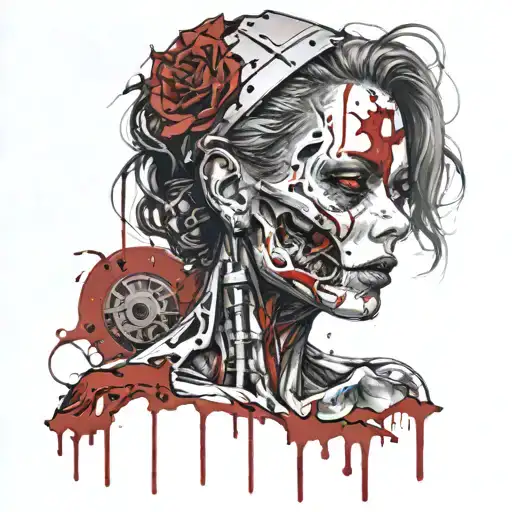 Main Theme: Biomechanical Zombie Face: Half of her face could remain organic and lifelike, showing her beauty, while the tattoo design idea