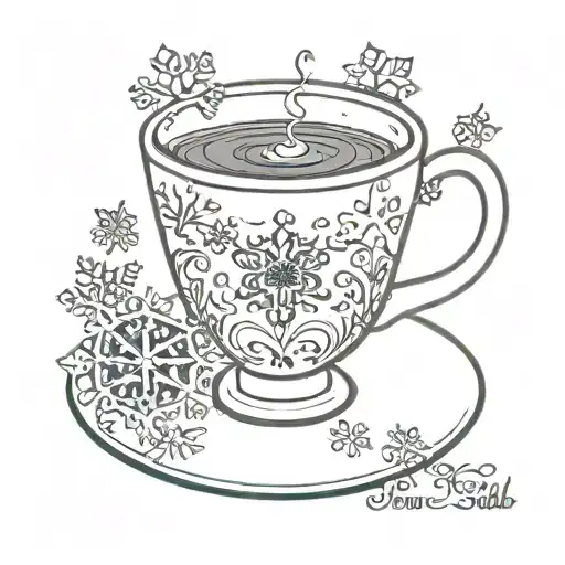 teacup with snowflake design with quote underneath "the long dark tea time of the soul" tattoo design idea