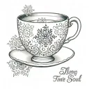 teacup with snowflake design with quote underneath "the long dark tea time of the soul" tattoo design idea