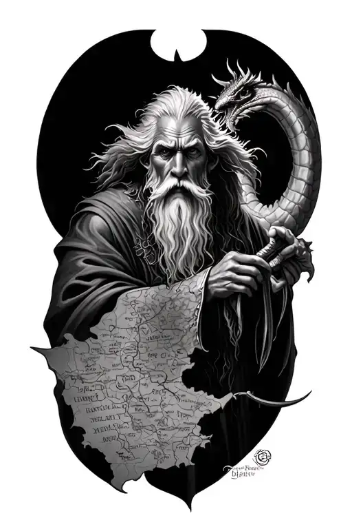 lord of the rings gandolf, map, dragon and elvish text tattoo design idea