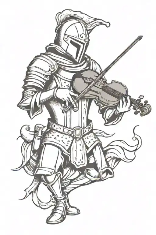 medieval knight with a fish head holding a violin and a radish tattoo design idea