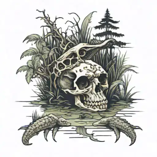 swamp scene with alligator skull tattoo design idea