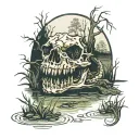 swamp scene with alligator skull tattoo design idea