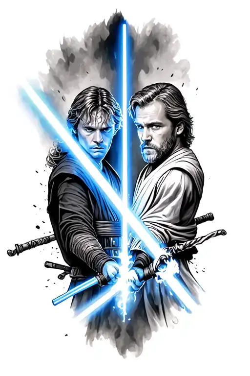 Scene Core (Foreground):	•	Duel Between Anakin and Obi-Wan:	•	The two are in the middle of a lightsaber clash, blades  tattoo design idea