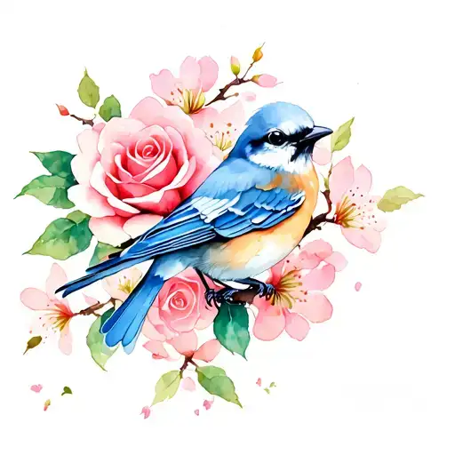 Roses and cherry blossoms with light blue bird perched tattoo design idea
