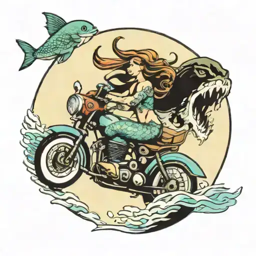 A tattoo of a mermaid riding a motorcycle through a magical underwater world tattoo design idea