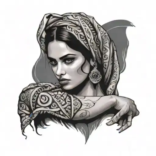 powerful flamenco dancing woman with beautiful eyes infront of a palestinian keffiyeh design background tattoo design idea
