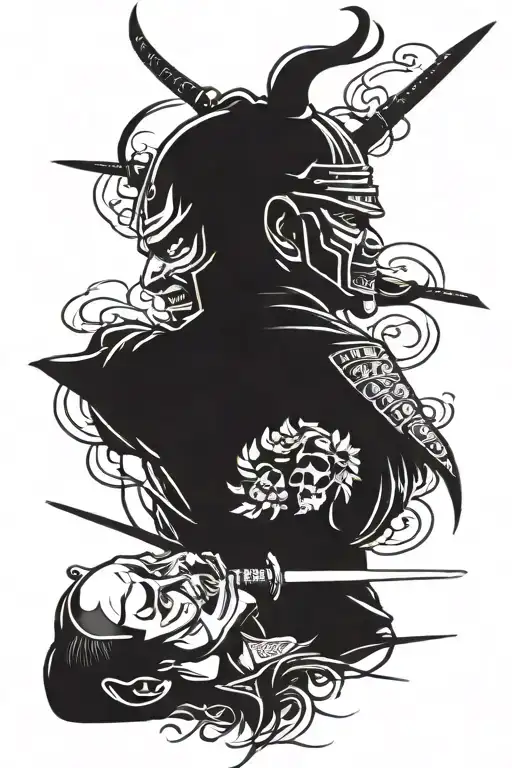 Samurai in a death mask fights a demon tattoo design idea