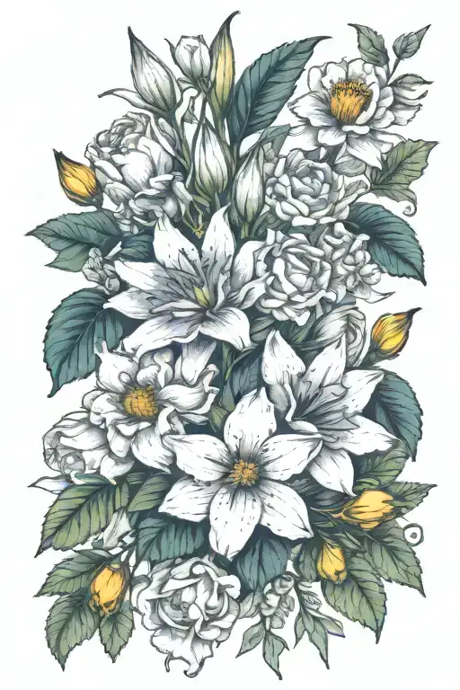 larkspur, poppy, gladiolus, water lily, marigold, holly, narcissus, cosmo flower bouquet tattoo design idea