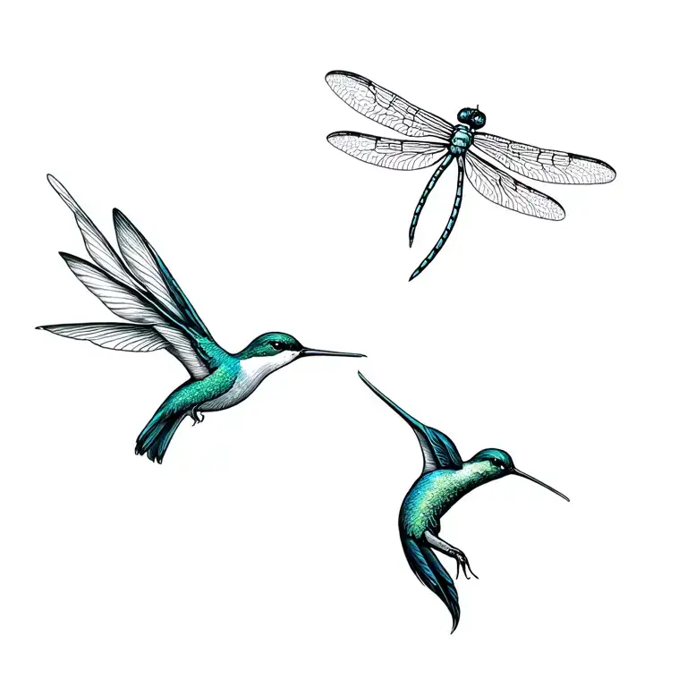 Hummingbird And Dragonfly flying tattoo design idea