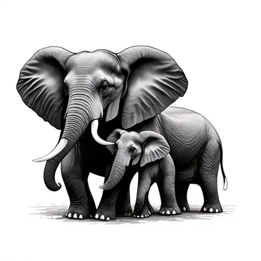 Black & white portrait style, two realistic looking black and white elephants, (Mom and baby) With their trunks in a hug tattoo design idea