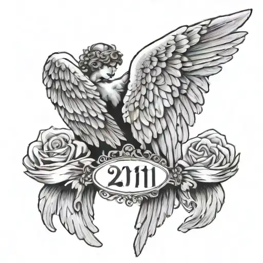 wings with fallen angel holding date 26/8/1971 tattoo design idea
