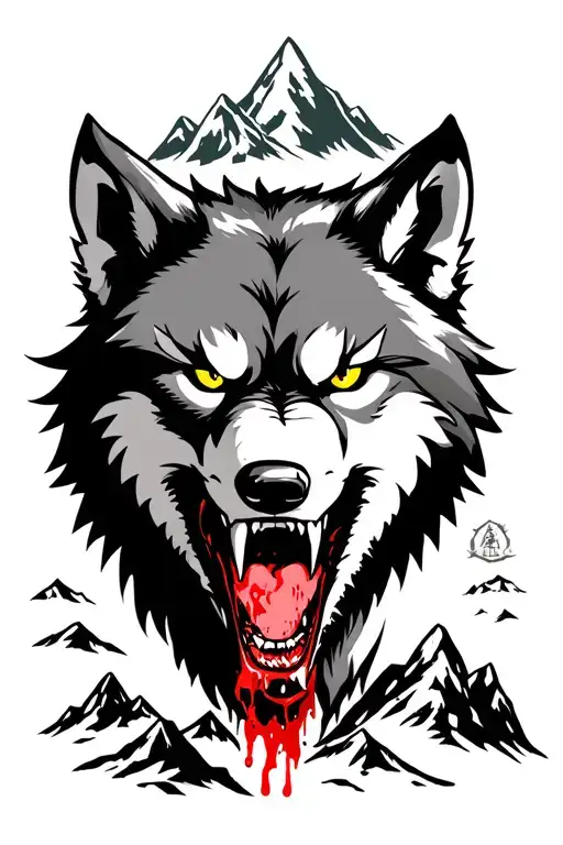 angry wolf with bloody teeth and yellow eyes mountians in the background tattoo design idea