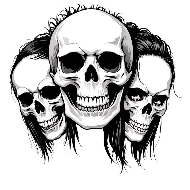3 punk male skull and 1 female long hair punk skull tattoo design idea