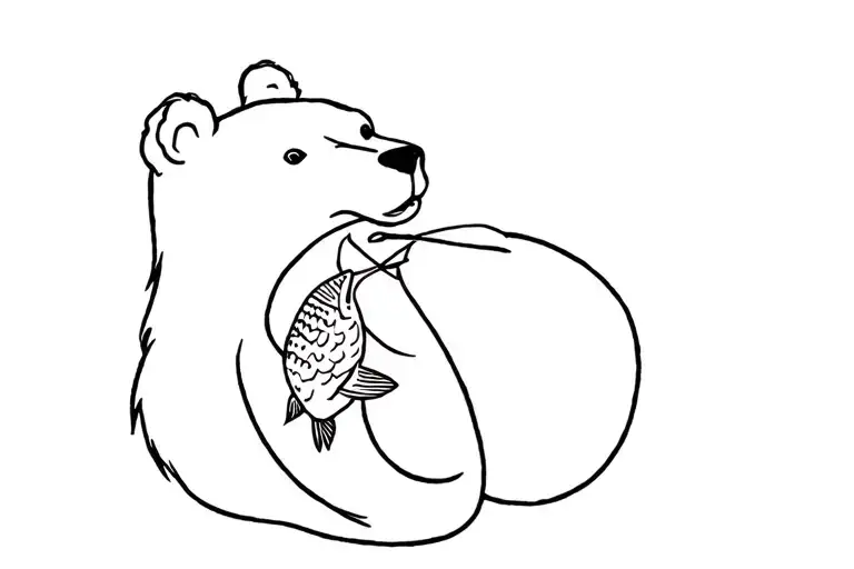 a bear holding fish in her mouth gazing tattoo design idea