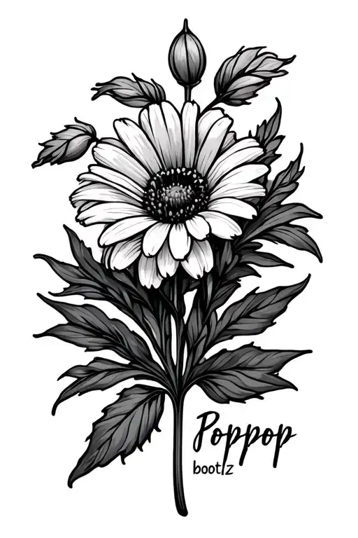 Simple bouquet with the may birth flower that says Bootz on the stem and july birth flower that says Poppop on the stem  tattoo design idea