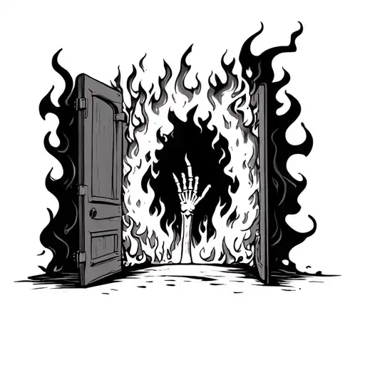a half-open door from which flames burst forth, a skeleton's hand reaches out from the fire tattoo design idea