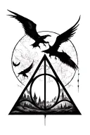 deathly hallows from Harry Potter Dali style hogwarts silhouette landscape inside  tattoo design idea