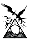 deathly hallows from Harry Potter Dali style hogwarts silhouette landscape inside  tattoo design idea