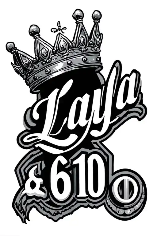 Gangster style crown with script writing of Layla and 610 tattoo design idea