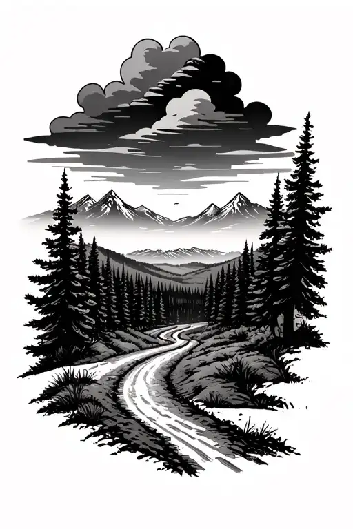 forrest,  winding dirt with roads with dust cloud, start markers, mountains in distance, hanger amongst the trees in the tattoo design idea