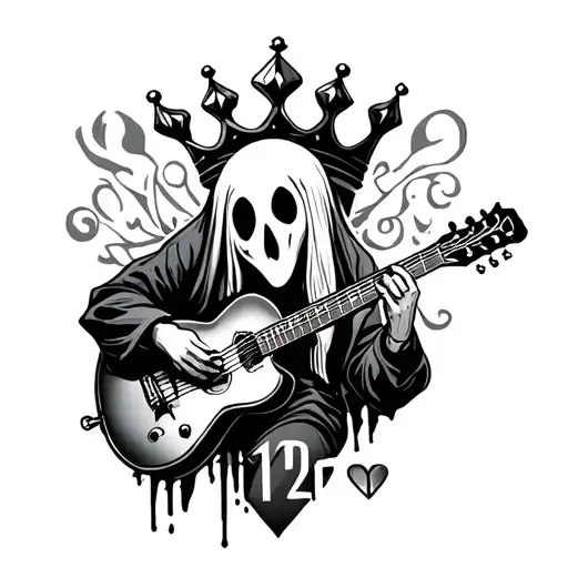 lineart design featuring a ghost playing guitar,the number twenty two,a queens crown,a small heart, and a small diamond  tattoo design idea