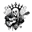 lineart design featuring a ghost playing guitar,the number twenty two,a queens crown,a small heart, and a small diamond  tattoo design idea