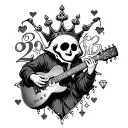 lineart design featuring a ghost playing guitar,the number twenty two,a queens crown,a small heart, and a small diamond  tattoo design idea