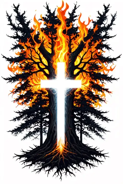 burning forest with white cross in the middle  tattoo design idea