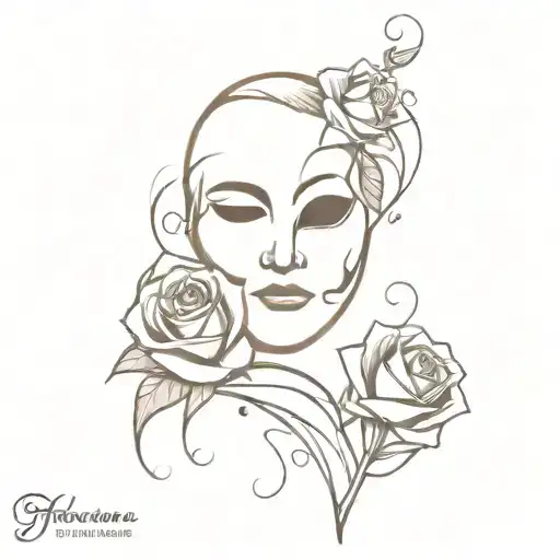  The Phantom of the Opera with musical notes floating, one rose and mask tattoo design idea