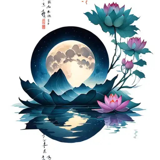lotus mountains moom peace feminine energy spirituality with some calligraphy colour  tattoo design idea