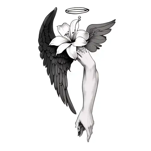Long minimalist forearm with angel wings with halo at the wrist, lily flower & hibiscus flower at the top by elbow, 831 tattoo design idea