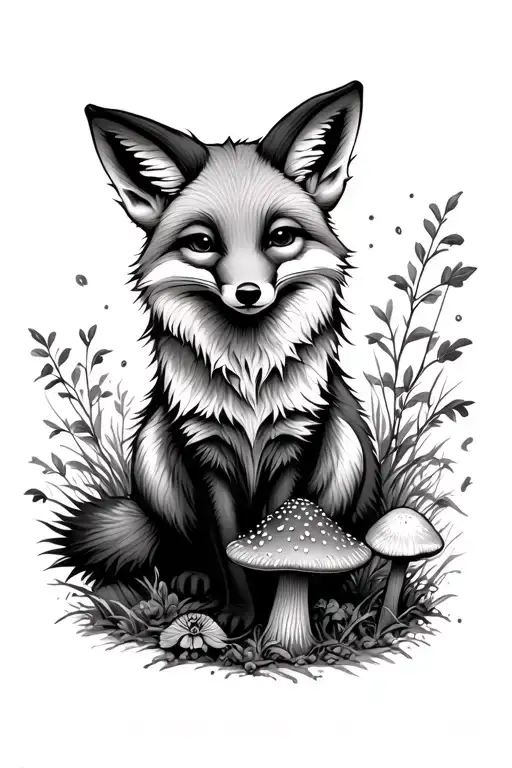 Fox sitting facing forward with a toadstool mushroom in front tattoo design idea