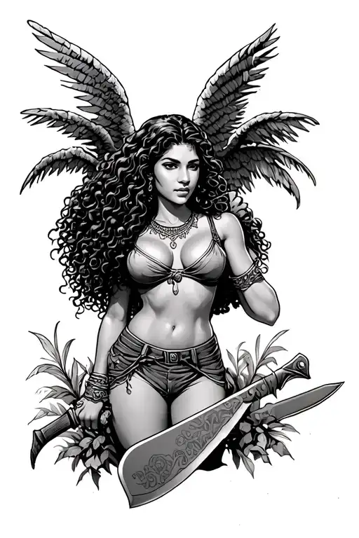 female Latina guardian angel with curly hair and machete under a palm tree tattoo design idea