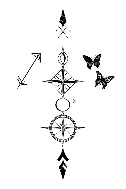 arrow, compass, butterfly and moon tattoo design idea