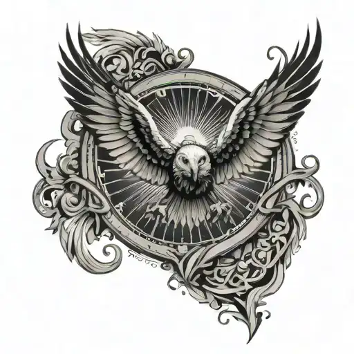 Illuminati  eye in the center of bald eagke spread wings tattoo design idea