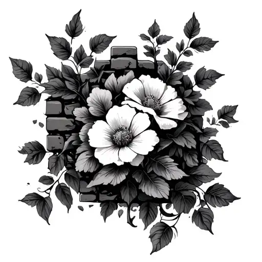 flowers and crumbling brick wall wrapped in vine tattoo design idea