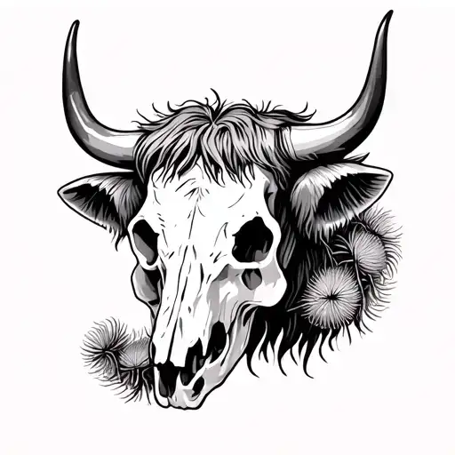 Highland cow skull with thistles tattoo design idea