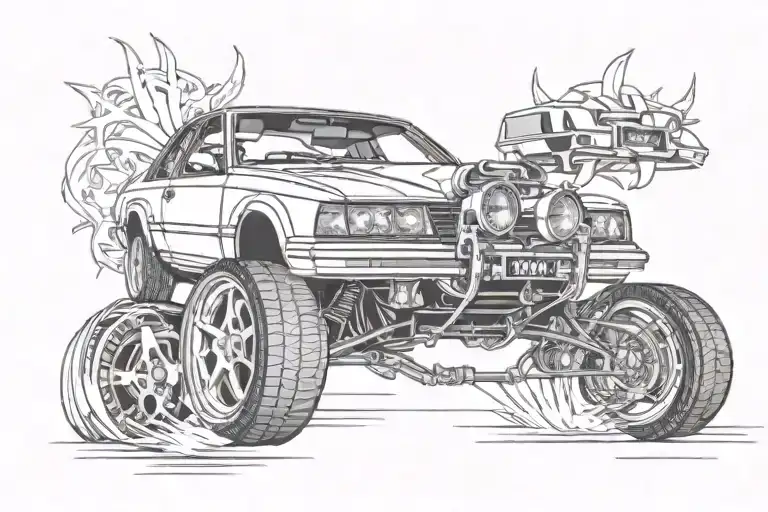 The tattoo stencil features a australiqn car. white ＂Holden VK Commodore,＂ slightly lowered with custom modifications.  tattoo design idea