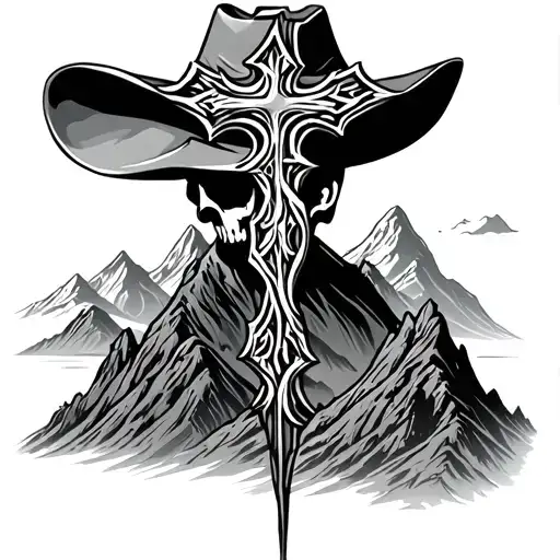 cross, Cowboy, mountains tattoo design idea