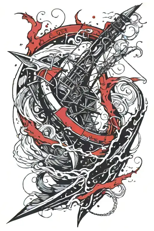 harpoon surrounded by swirling waves tattoo design idea