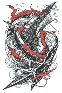 harpoon surrounded by swirling waves tattoo design idea