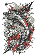 harpoon surrounded by swirling waves tattoo design idea