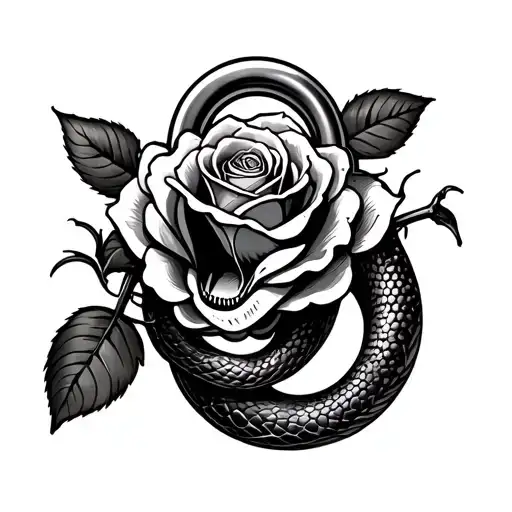 Rose background with a lock design with a snake coming through the lock  with its mouth open  tattoo design idea